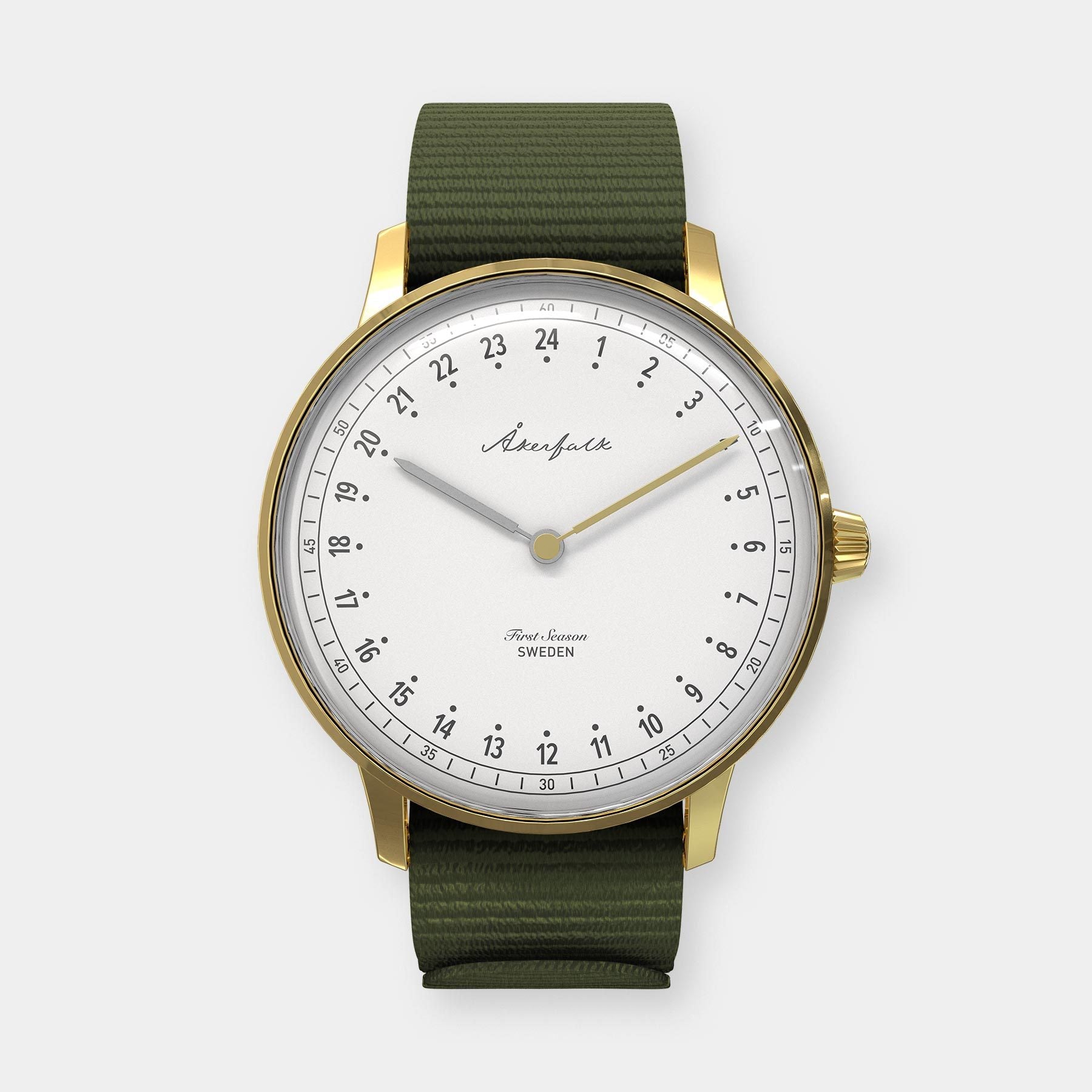 24-hour watch with gold case and green NATO strap