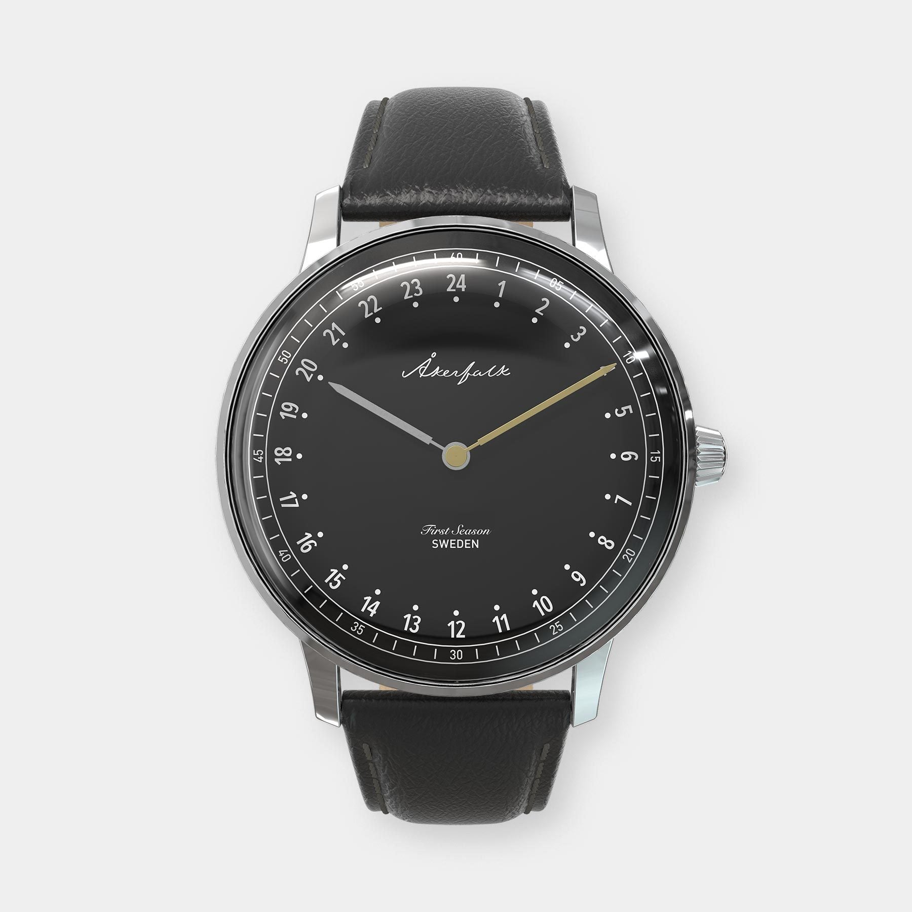 24-hour watch with silver case and black leather strap