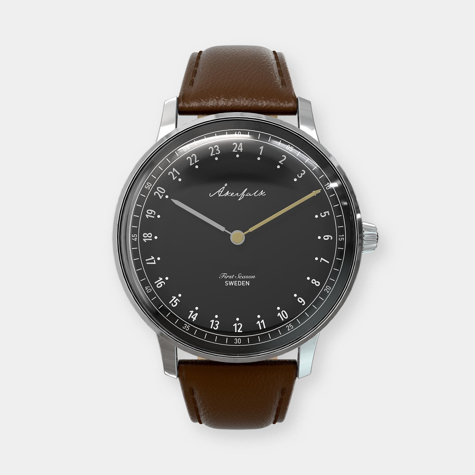 24-hour watch with silver case and brown leather strap