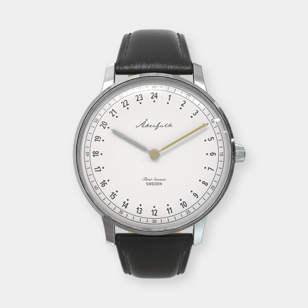 24-hour watch with silver case and black leather strap