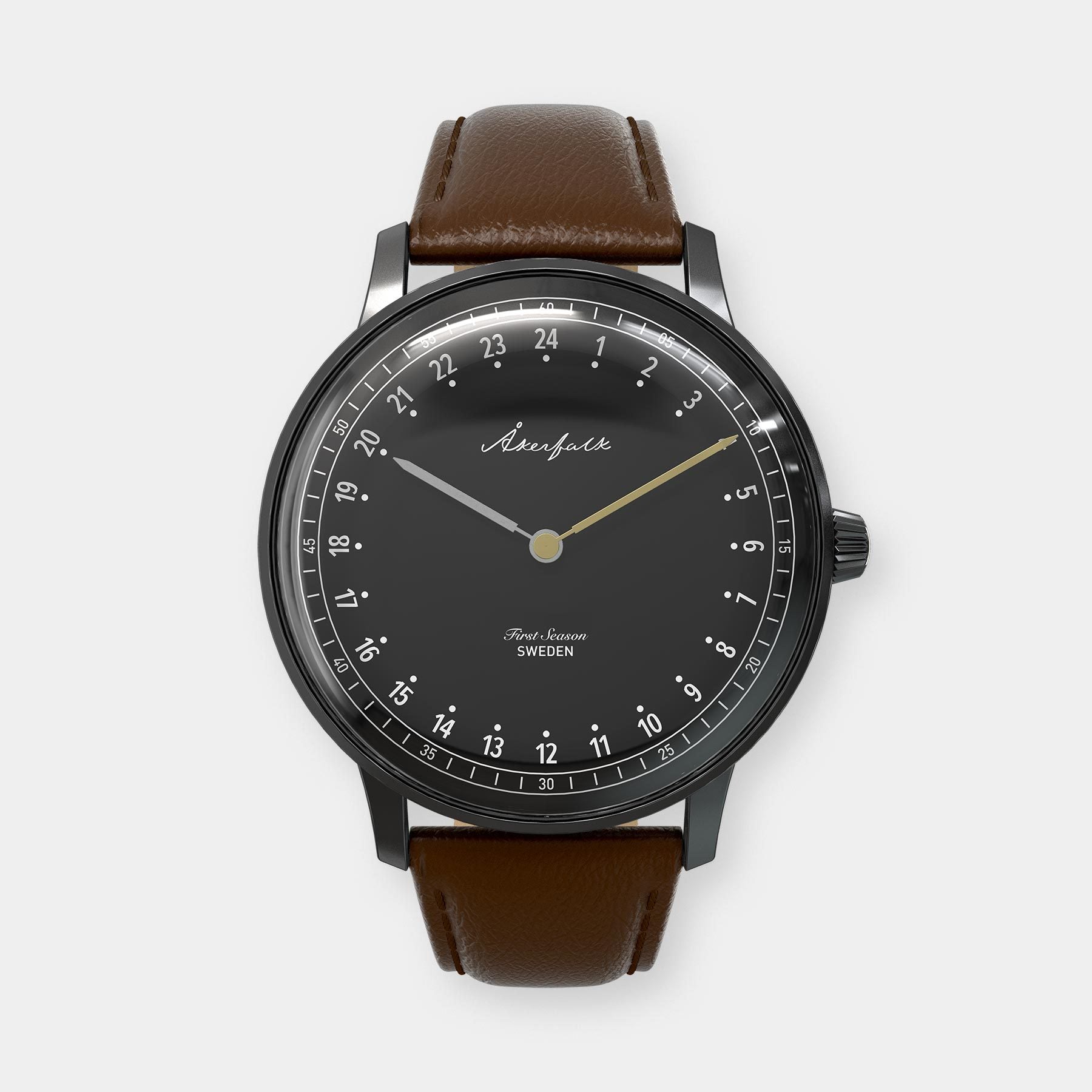 24-hour watch with matte black case and brown leather strap
