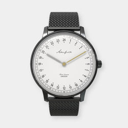 24-hour watch with matte black case and black mesh strap