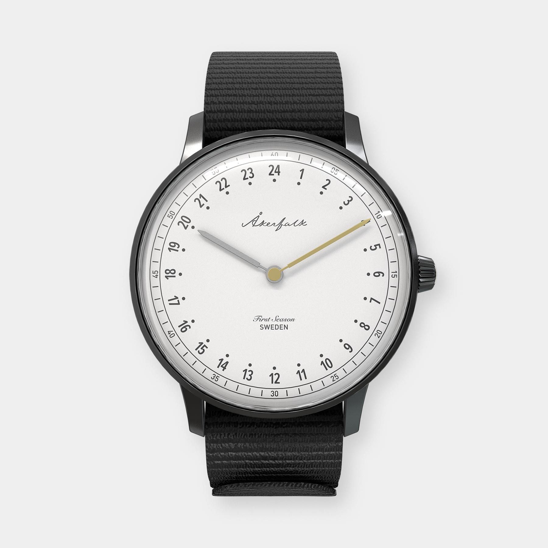 24-hour watch with matte black case and black NATO strap