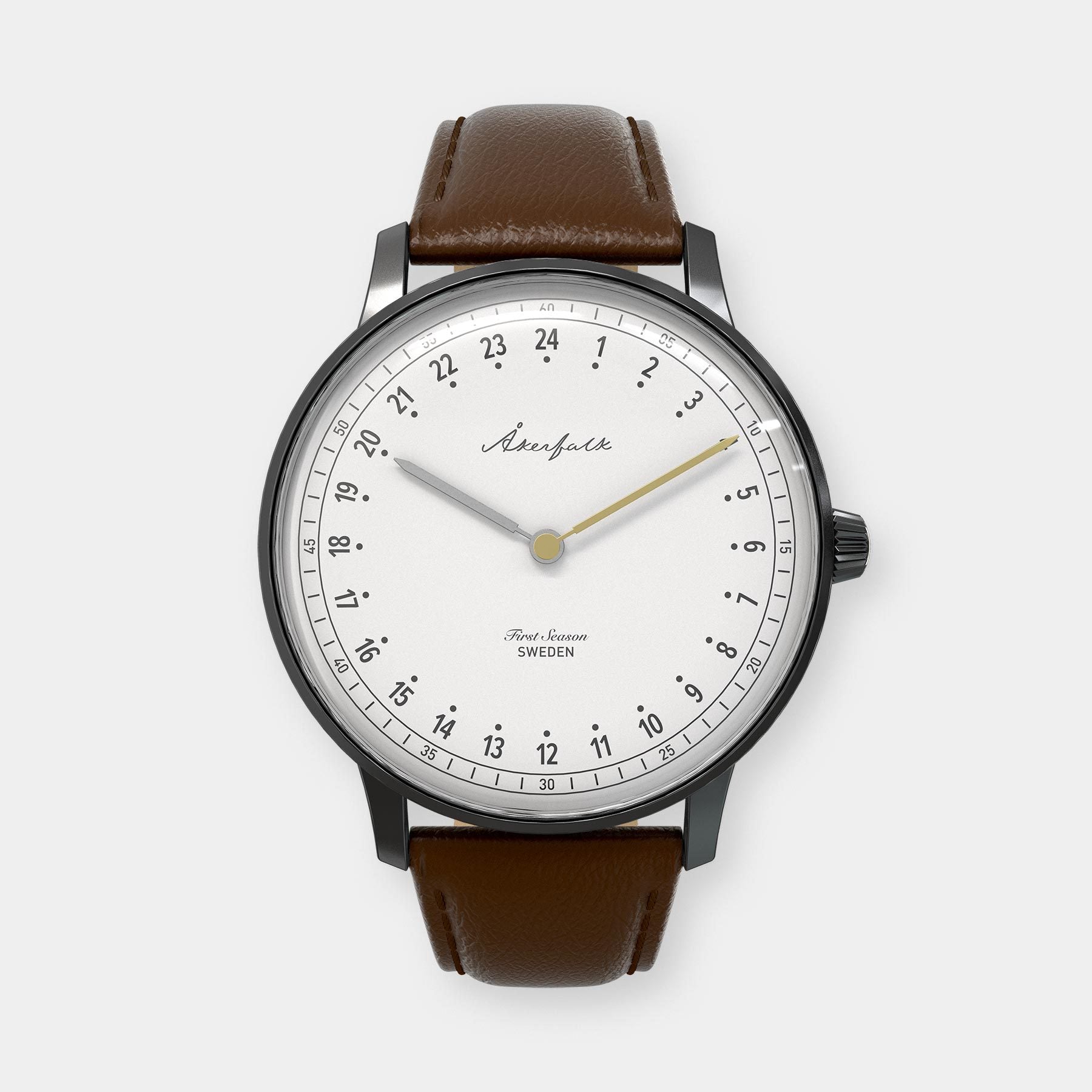 24-hour watch with matte black case and brown leather strap