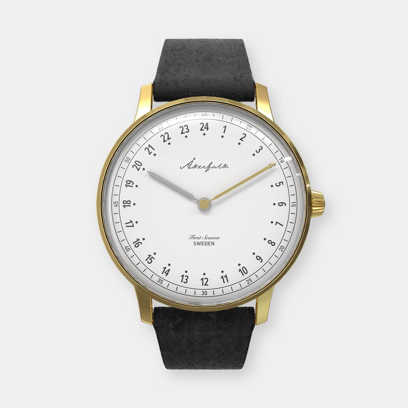 24-hour watch with gold case and black mocha strap
