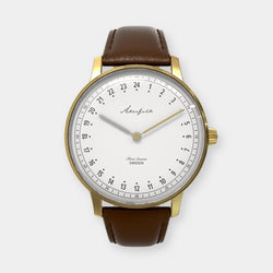 24-hour watch with gold case and brown leather strap
