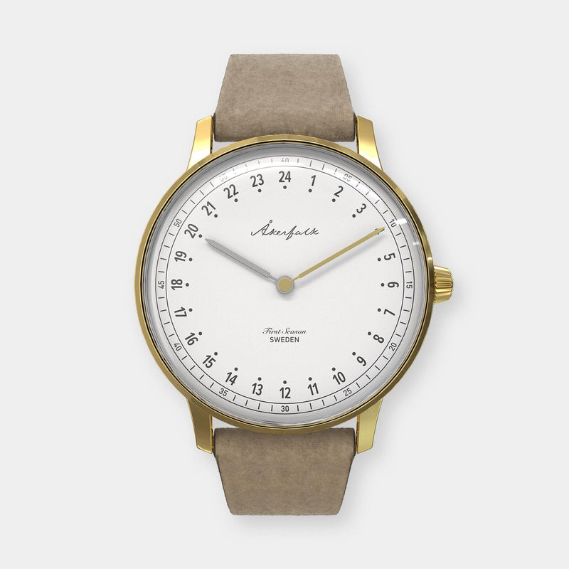 24-hour watch with gold case and light brown mocha strap