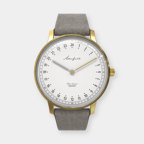 24-hour watch with gold case and grey mocha strap