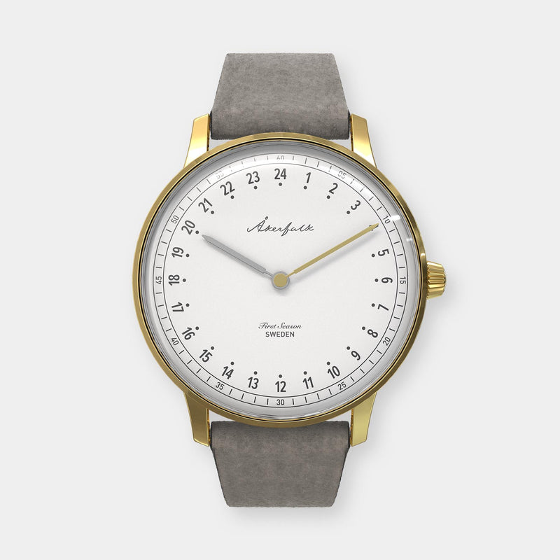 24-hour watch with gold case and grey mocha strap