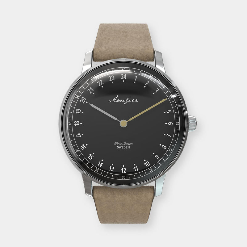 24-hour watch with silver case and light brown mocha strap