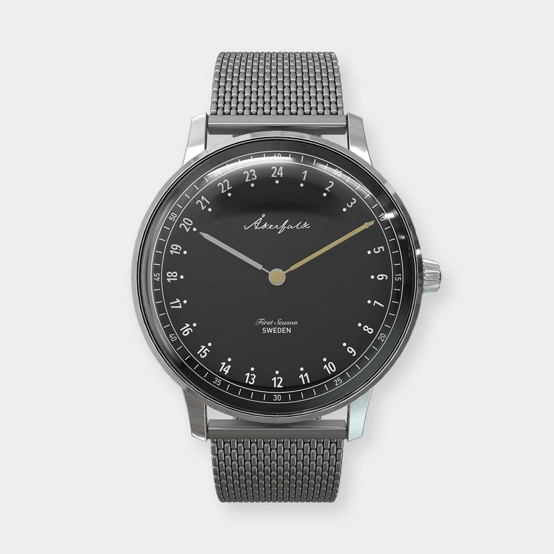 24-hour watch with silver case and silver mesh strap