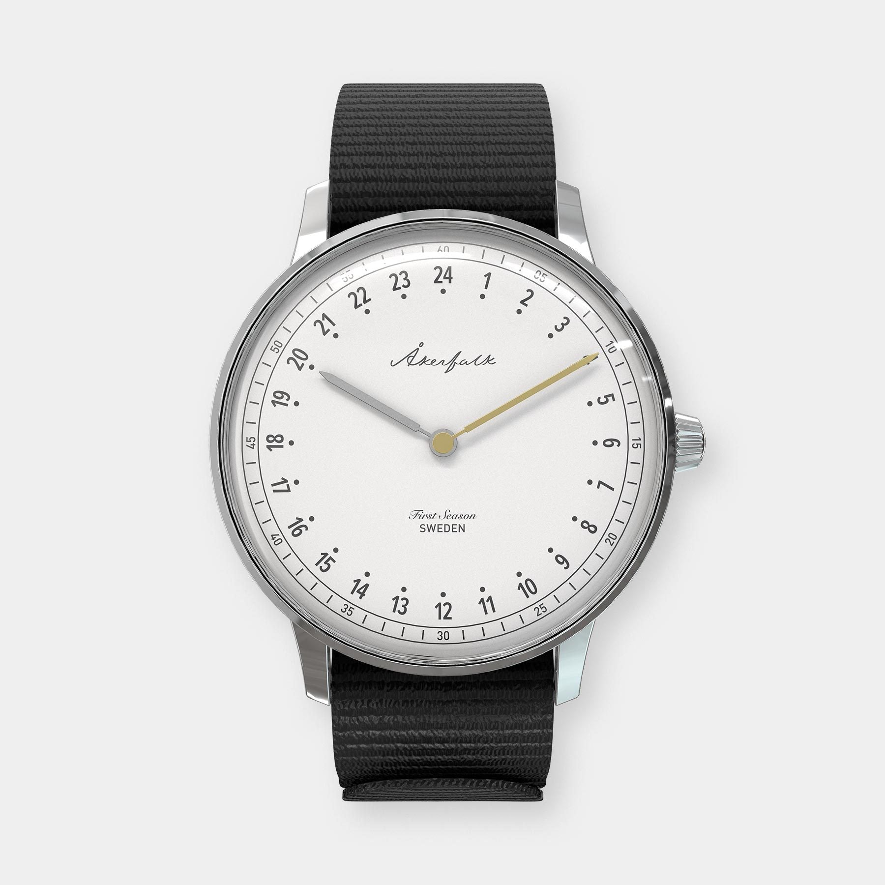 24-hour watch with silver case and black NATO strap