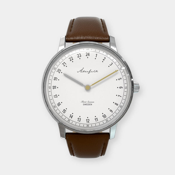 24-hour watch with silver case and brown leather strap