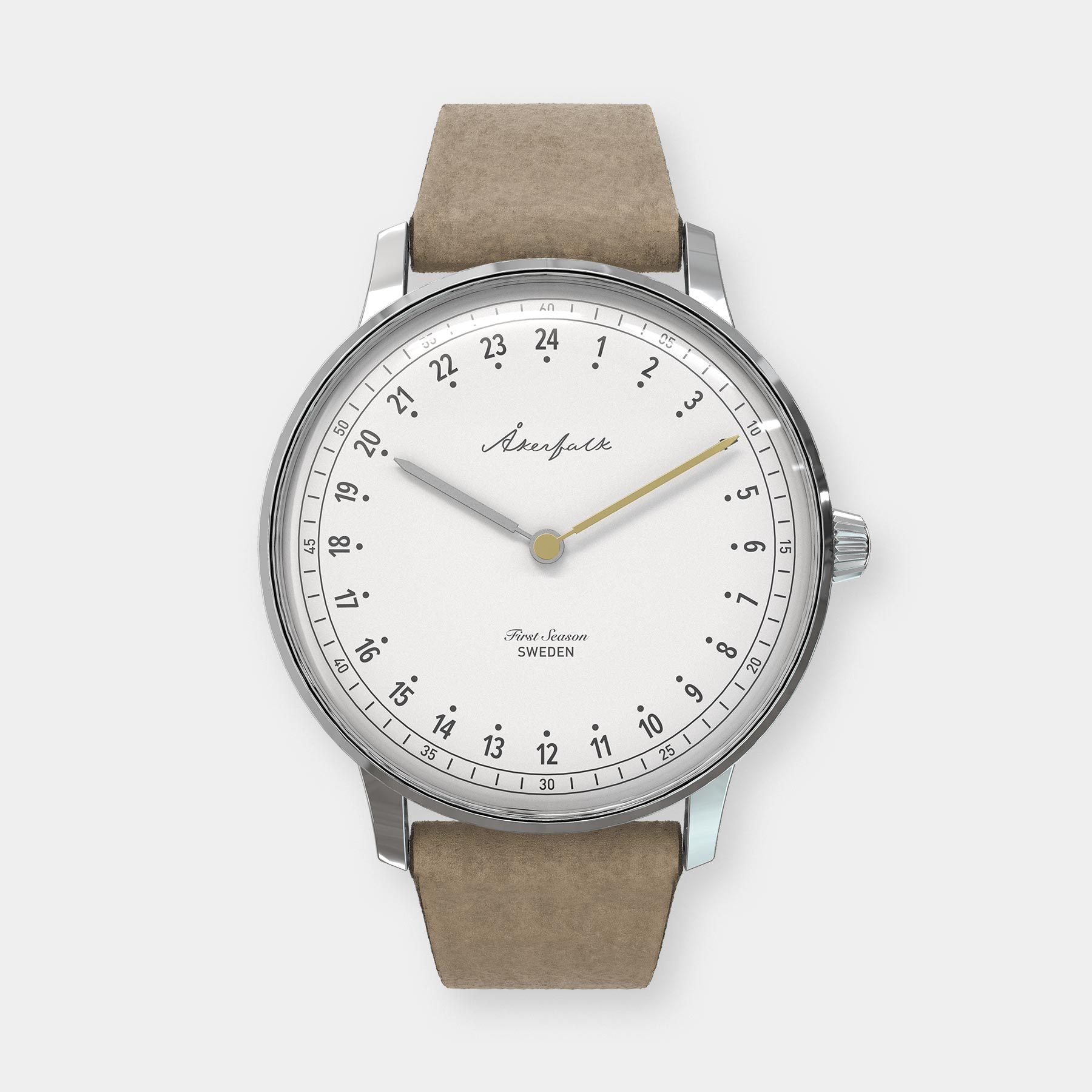 24-hour watch with silver case and light brown mocha strap