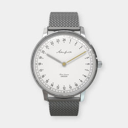 24-hour watch with silver case and silver mesh strap