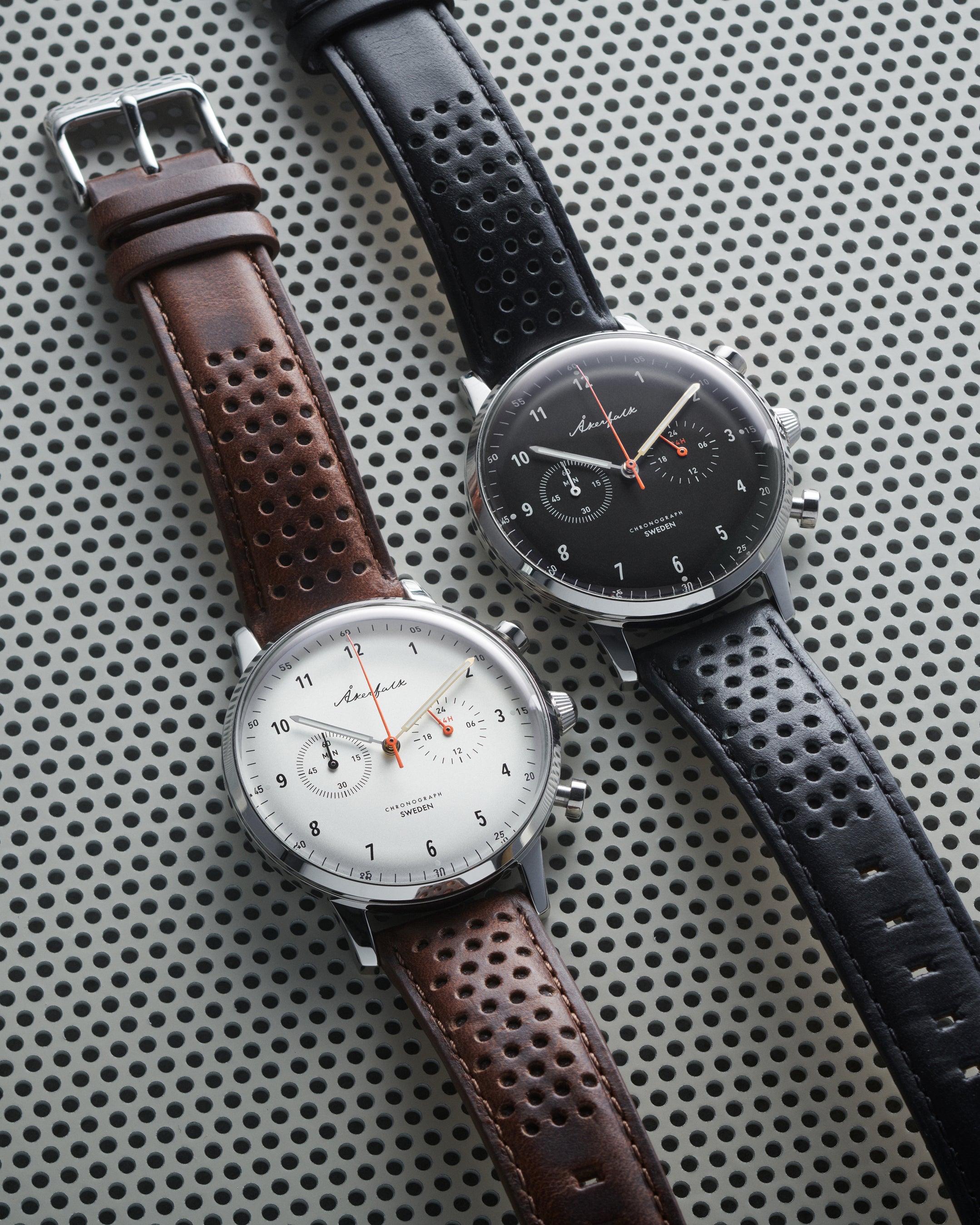 24-hour watch with silver case and brown leather strap